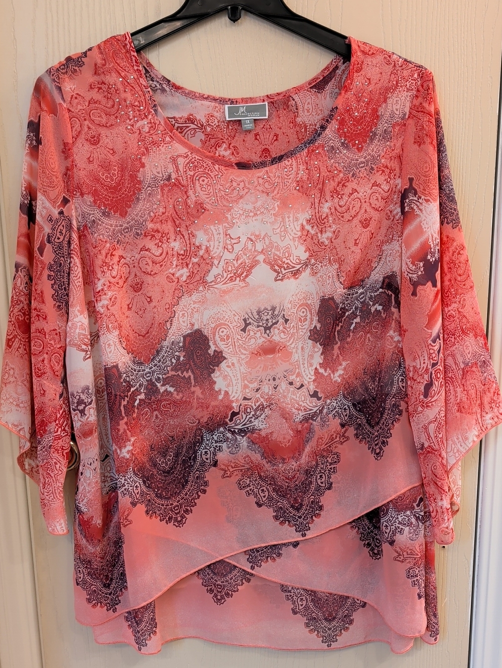 JM Collection Coral & Black Paisley Layered Chiffon Tunic 1X Plus Size Studded